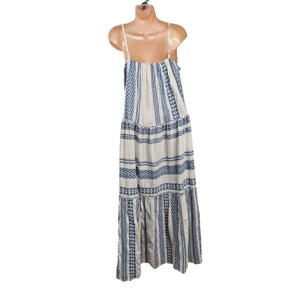 Meo Meli Flared Layered Strappy Maxi Sun Dress Women One Size White Blue Cotton - Picture 8 of 11